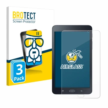 Parte frontal de un envase de producto con el logotipo de la marca BROTECT. Al lado se muestra el dispositivo Samsung Galaxy T