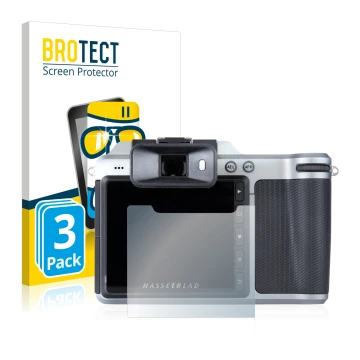 Parte frontal de un envase de producto con el logotipo de la marca BROTECT. Al lado se muestra el dispositivo Hasselblad X1D-5