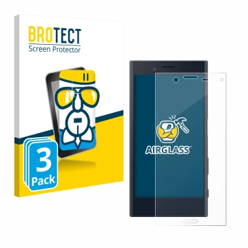 Parte frontal de un envase de producto con el logotipo de la marca BROTECT. Al lado se muestra el dispositivo Sony Xperia X Co