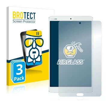 Parte frontal de un envase de producto con el logotipo de la marca BROTECT. Al lado se muestra el dispositivo Huawei MediaPad 