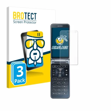 Parte frontal de un envase de producto con el logotipo de la marca BROTECT. Al lado se muestra el dispositivo Samsung Galaxy F