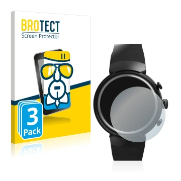 Parte frontal de un envase de producto con el logotipo de la marca BROTECT. Al lado se muestra el dispositivo ASUS ZenWatch 3 