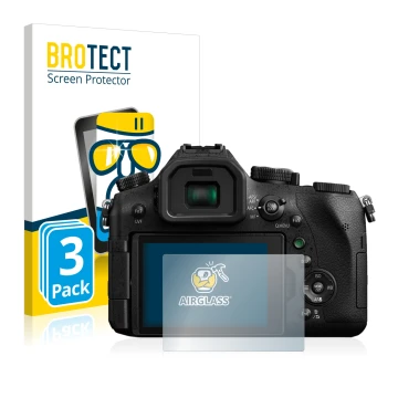 Parte frontal de un envase de producto con el logotipo de la marca BROTECT. Al lado se muestra el dispositivo Panasonic Lumix 