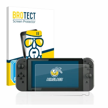 Parte frontal de un envase de producto con el logotipo de la marca BROTECT. Al lado se muestra el dispositivo Nintendo Switch 