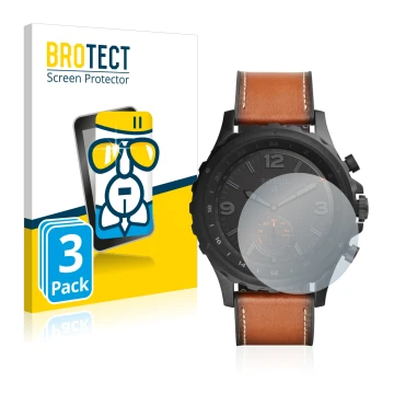 Parte frontal de un envase de producto con el logotipo de la marca BROTECT. Al lado se muestra el dispositivo Fossil Q Nate co