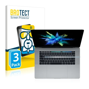 Parte frontal de un envase de producto con el logotipo de la marca BROTECT. Al lado se muestra el dispositivo Apple MacBook Pr