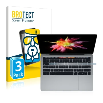 Parte frontal de un envase de producto con el logotipo de la marca BROTECT. Al lado se muestra el dispositivo Apple MacBook Pr