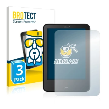 Parte frontal de un envase de producto con el logotipo de la marca BROTECT. Al lado se muestra el dispositivo Tolino Vision 4 