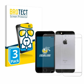 Parte frontal de un envase de producto con el logotipo de la marca BROTECT. Al lado se muestra el dispositivo Apple iPhone SE 