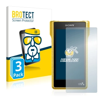Parte frontal de un envase de producto con el logotipo de la marca BROTECT. Al lado se muestra el dispositivo Sony Walkman NW-