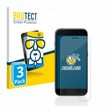 Parte frontal de un envase de producto con el logotipo de la marca BROTECT. Al lado se muestra el dispositivo Samsung Galaxy A