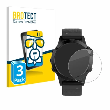 Parte frontal de un envase de producto con el logotipo de la marca BROTECT. Al lado se muestra el dispositivo Garmin Fenix 5 (