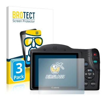 Parte frontal de un envase de producto con el logotipo de la marca BROTECT. Al lado se muestra el dispositivo Canon PowerShot 