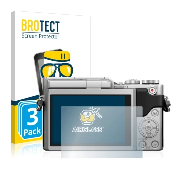 Parte frontal de un envase de producto con el logotipo de la marca BROTECT. Al lado se muestra el dispositivo Panasonic Lumix 
