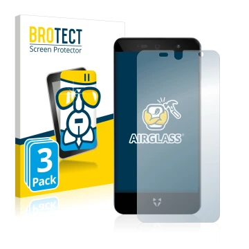 Parte frontal de un envase de producto con el logotipo de la marca BROTECT. Al lado se muestra el dispositivo Wileyfox Swift 2