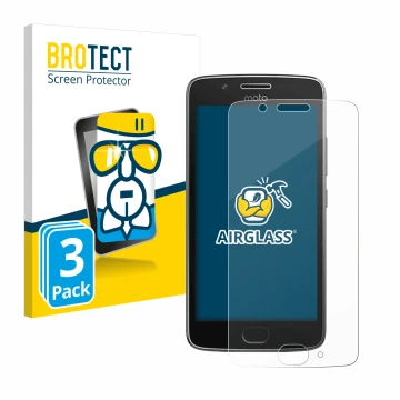 Parte frontal de un envase de producto con el logotipo de la marca BROTECT. Al lado se muestra el dispositivo Motorola Moto G5