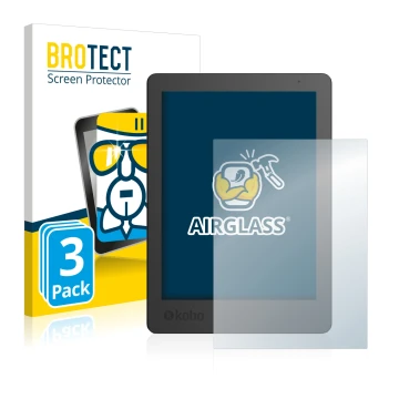 Parte frontal de un envase de producto con el logotipo de la marca BROTECT. Al lado se muestra el dispositivo Kobo Aura Editio