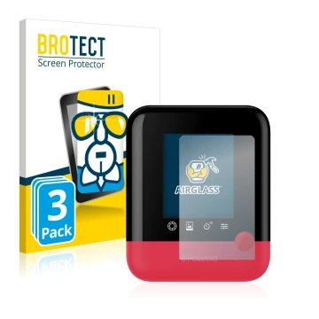 Parte frontal de un envase de producto con el logotipo de la marca BROTECT. Al lado se muestra el dispositivo Polaroid Pop con