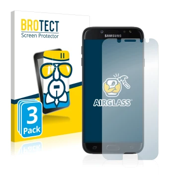 Parte frontal de un envase de producto con el logotipo de la marca BROTECT. Al lado se muestra el dispositivo Samsung Galaxy J