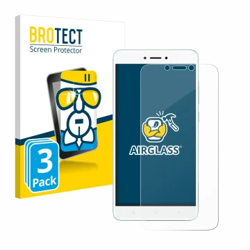 Parte frontal de un envase de producto con el logotipo de la marca BROTECT. Al lado se muestra el dispositivo Xiaomi Redmi 4X 