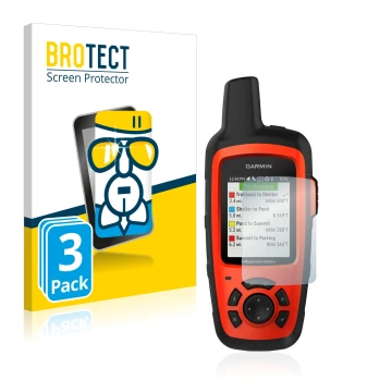 Parte frontal de un envase de producto con el logotipo de la marca BROTECT. Al lado se muestra el dispositivo Garmin inReach E