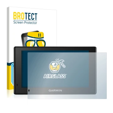 Parte frontal de un envase de producto con el logotipo de la marca BROTECT. Al lado se muestra el dispositivo Garmin DriveSmar