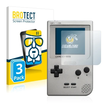 Parte frontal de un envase de producto con el logotipo de la marca BROTECT. Al lado se muestra el dispositivo Nintendo Gameboy