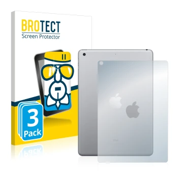 Parte frontal de un envase de producto con el logotipo de la marca BROTECT. Al lado se muestra el dispositivo Apple iPad 9.7