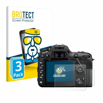 Parte frontal de un envase de producto con el logotipo de la marca BROTECT. Al lado se muestra el dispositivo Nikon D7500 con 