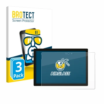 Parte frontal de un envase de producto con el logotipo de la marca BROTECT. Al lado se muestra el dispositivo Microsoft Surfac