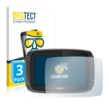 Parte frontal de un envase de producto con el logotipo de la marca BROTECT. Al lado se muestra el dispositivo TomTom Rider 450