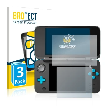 Parte frontal de un envase de producto con el logotipo de la marca BROTECT. Al lado se muestra el dispositivo Nintendo 2DS XL 