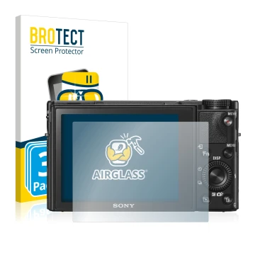 Parte frontal de un envase de producto con el logotipo de la marca BROTECT. Al lado se muestra el dispositivo Sony Cyber-Shot 