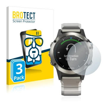 Parte frontal de un envase de producto con el logotipo de la marca BROTECT. Al lado se muestra el dispositivo Garmin quatix 5 