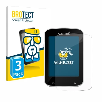 Parte frontal de un envase de producto con el logotipo de la marca BROTECT. Al lado se muestra el dispositivo Garmin Edge Expl