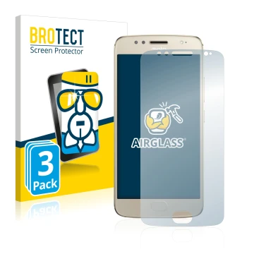Parte frontal de un envase de producto con el logotipo de la marca BROTECT. Al lado se muestra el dispositivo Motorola Moto G5