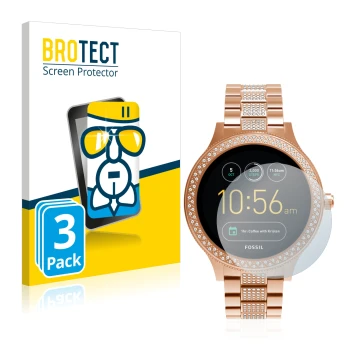 Parte frontal de un envase de producto con el logotipo de la marca BROTECT. Al lado se muestra el dispositivo Fossil Q Venture