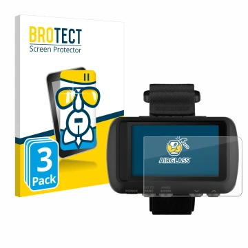 Parte frontal de un envase de producto con el logotipo de la marca BROTECT. Al lado se muestra el dispositivo Garmin Foretrex 