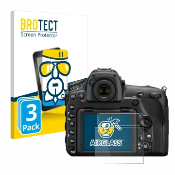 Parte frontal de un envase de producto con el logotipo de la marca BROTECT. Al lado se muestra el dispositivo Nikon D850 con s
