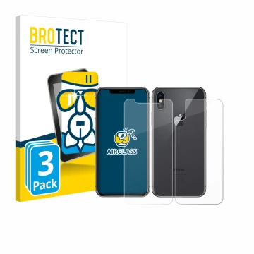Parte frontal de un envase de producto con el logotipo de la marca BROTECT. Al lado se muestra el dispositivo Apple iPhone X (