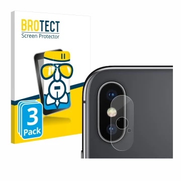 Parte frontal de un envase de producto con el logotipo de la marca BROTECT. Al lado se muestra el dispositivo Apple iPhone X (