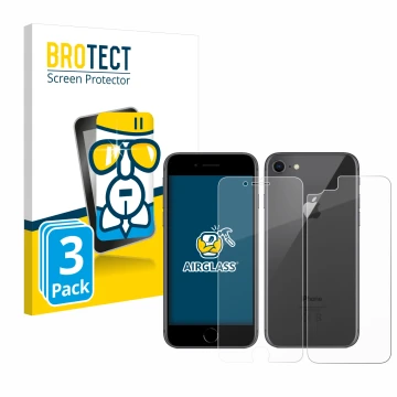 Parte frontal de un envase de producto con el logotipo de la marca BROTECT. Al lado se muestra el dispositivo Apple iPhone 8 (