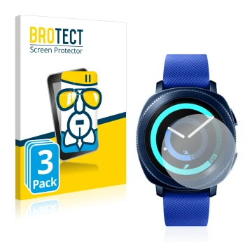 Parte frontal de un envase de producto con el logotipo de la marca BROTECT. Al lado se muestra el dispositivo Samsung Gear Spo
