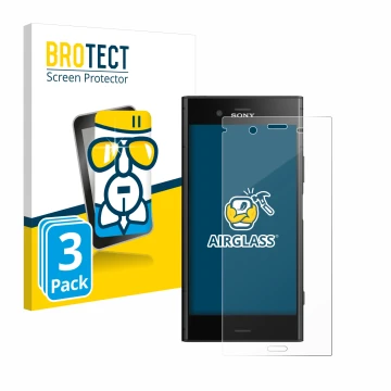 Parte frontal de un envase de producto con el logotipo de la marca BROTECT. Al lado se muestra el dispositivo Sony Xperia XZ1 