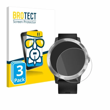 Parte frontal de un envase de producto con el logotipo de la marca BROTECT. Al lado se muestra el dispositivo Garmin vivoactiv