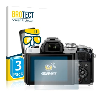 Parte frontal de un envase de producto con el logotipo de la marca BROTECT. Al lado se muestra el dispositivo Olympus OM-D E-M
