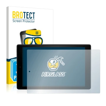 Parte frontal de un envase de producto con el logotipo de la marca BROTECT. Al lado se muestra el dispositivo Amazon Fire HD 1