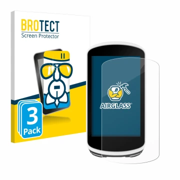 Parte frontal de un envase de producto con el logotipo de la marca BROTECT. Al lado se muestra el dispositivo Garmin Edge 1030