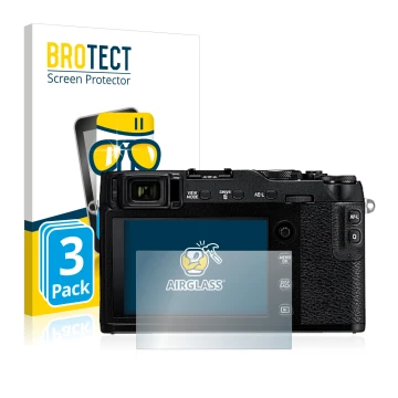 Parte frontal de un envase de producto con el logotipo de la marca BROTECT. Al lado se muestra el dispositivo Fujifilm X-E3 co