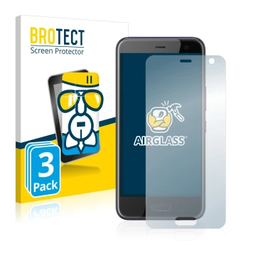 Parte frontal de un envase de producto con el logotipo de la marca BROTECT. Al lado se muestra el dispositivo HTC U11 Life con